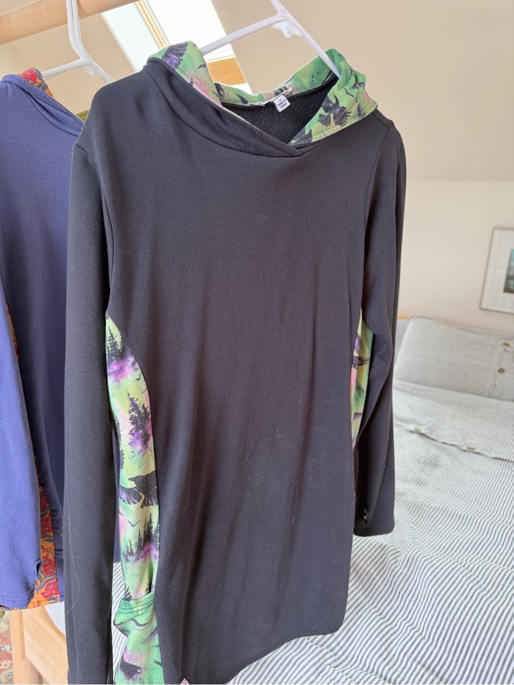 SWOOP. Alaska women owned company black  Hooded Tunic Top with Raven trim